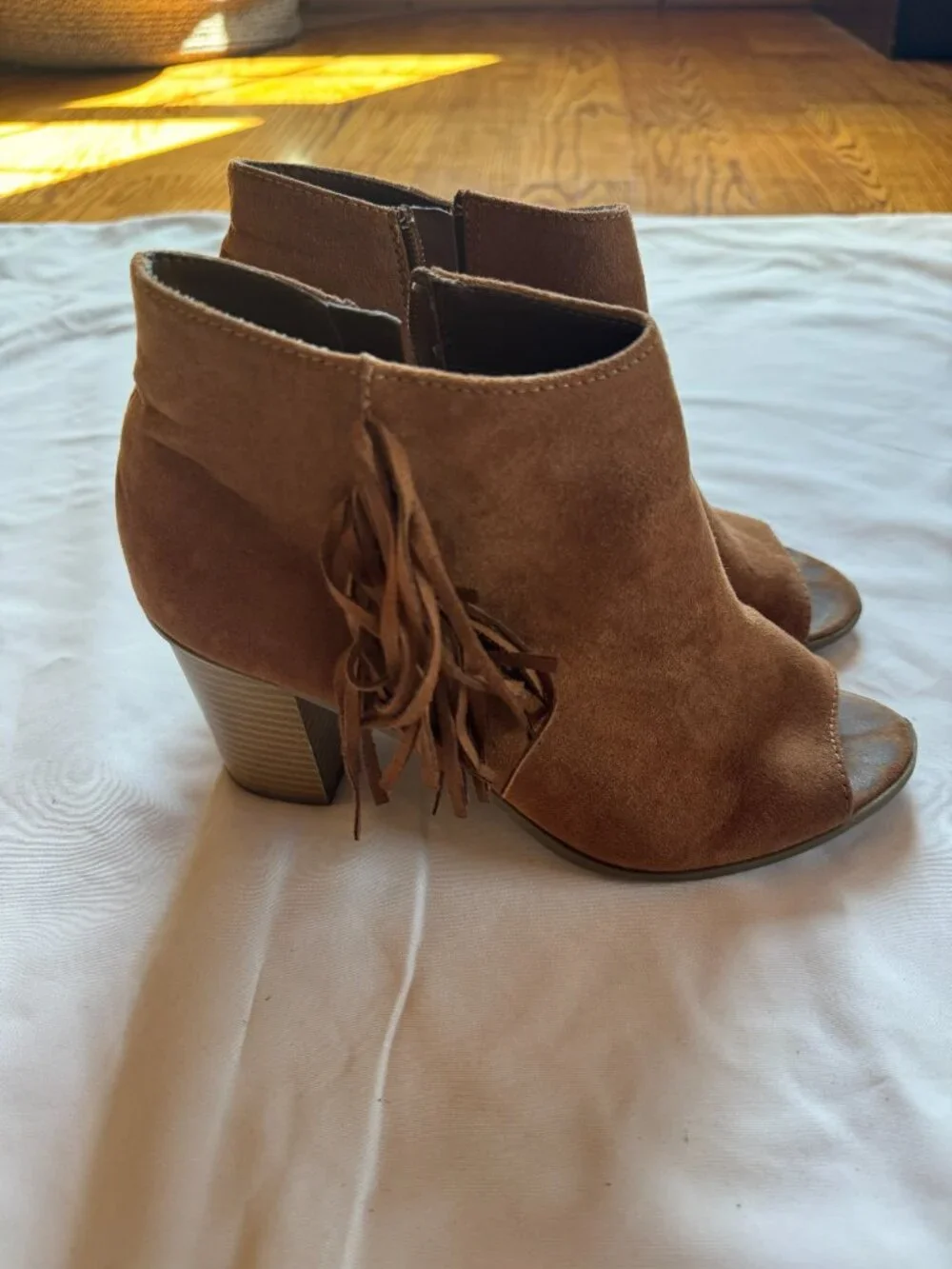 Brown Suede Fringe Peep Toe Ankle Booties Size 8.5